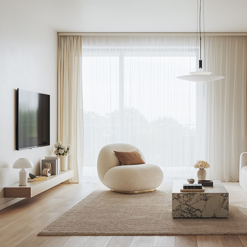 Hevizi luxus lakás interior dizájn, nappali